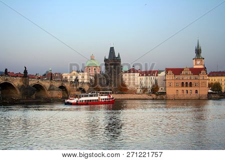 Czech Republic, Prague, View Of The Vltava River And Charles Bridge, 2018 November