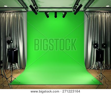 Studio Big - Modern Film Studio With Green Screen. 3d Rendering