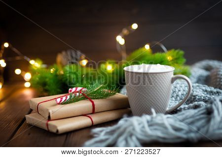 Christmas Or New Year Or Winter Concept. Mug Cup Of Coffee Cacao Hot Chocolate With Marshmallow, Gif
