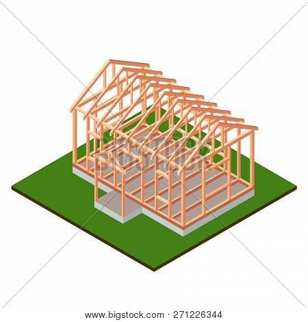 Timber Frame House Base Construction Design. Isometric Concept. Wood Frame Under Construction. Isola