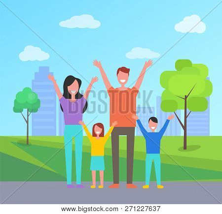 Happy Family Spend Time Together. Mother, Father, Daughter And Son Rise Hands Up Greeting Everyone. 