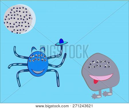 Many Eye Tentacles Magical Creatures Blue Background