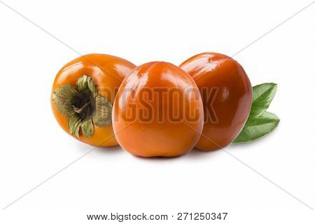 Persimmon With Copy Space For Text. Orange Ripe Persimmon Isolated On White Background. Three Persim