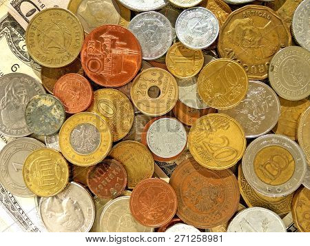 Close Up Top View Image Of Large Amount Of Old Money Coins Of Different Countries And Times On Dolla