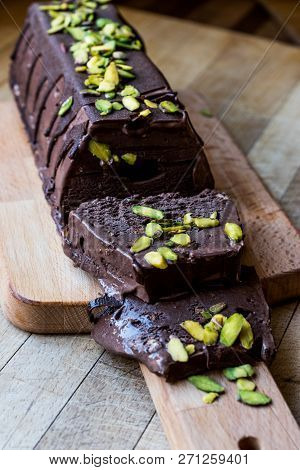 Semifreddo Cake - Ice Cream With Chocolate Sauce And Peanut (semi-frozen Dessert).