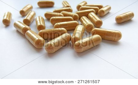 Pharmaceutical Medicine Capsules On White Background. Pharmacy Theme, Health Care, Drug Prescription