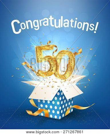 50 Th Years Anniversary And Open Gift Box With Explosions Confetti. Template Fifty Birthday Celebrat