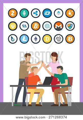 Bitcoin Currency And Successful Teamwork Set Vector. Isolated Icons Of Cryptocurrencies Types, Litec