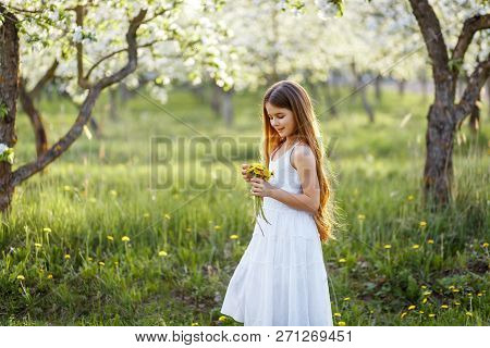 Portrait Of A Beautiful Young Girl With Blue Eyes In White Dress In The Garden With Apple Trees Blos