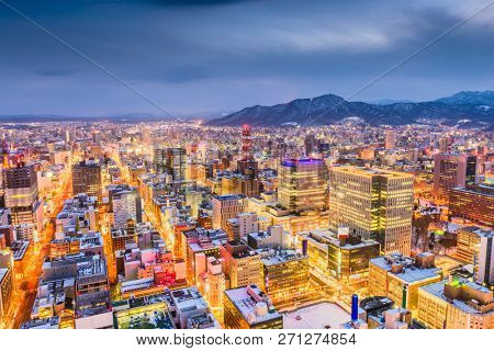 Sapporo, Hokkaido, Japan downtown skyline from above at twilight.
