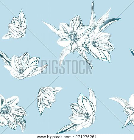 Seamless Pattern With Tulips On Blue Background. Vector Illustration