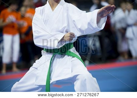 Young, Beautiful And Successful Karate Kid In Karate Position. Sport Competition.