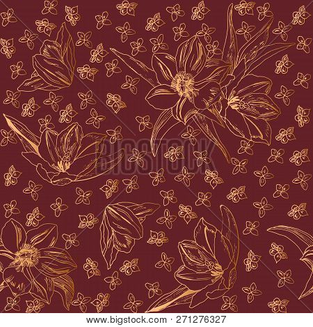 Seamless Pattern With Tulips On Red Background    . Vector Illustration