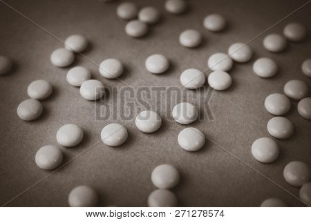 Little Beautiful Medical Pharmaceptic Round Pills, Vitamins, Drugs, Antibiotics On A Black And White