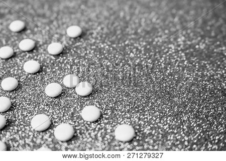Little Beautiful Medical Pharmaceptic Round Pills, Vitamins, Drugs, Antibiotics On A Black And White