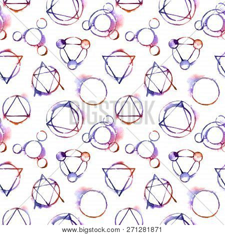 Alchemy Symbols - Transmutation Circles, Watercolor Painting On White Background, Seamless Pattern