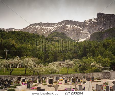 View Of Graveyard With Krn Mountain On The Background, Slovenia