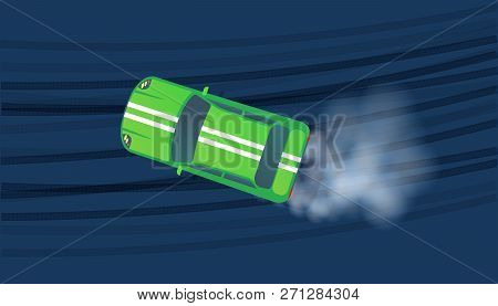 Sport Car Drifting On Race Track. Motorsport Competition. Top View Vector Illustration.