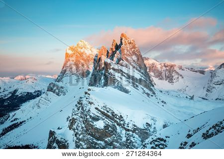 Classic View Of Famous Seceda Mountain Peaks In The Dolomites Illuminated In Beautiful Evening Light