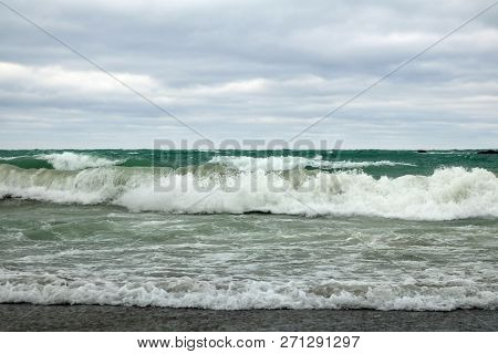 Rough Wavy Water On Lake Huron At Station Beach In Kincardine