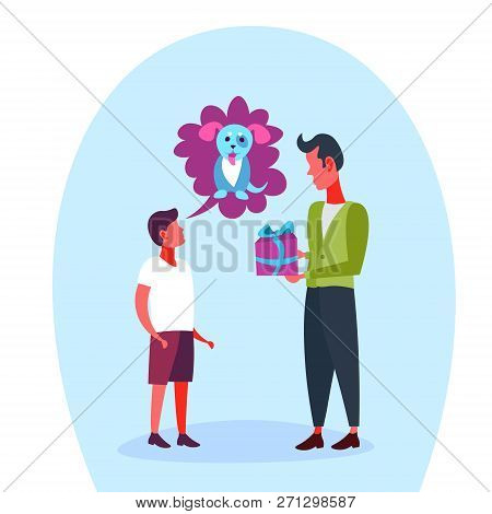 School Boy Thinking Speech Bubble Dog Father Presenting Gift Teenager Boy Dream Pet Concept Isolated