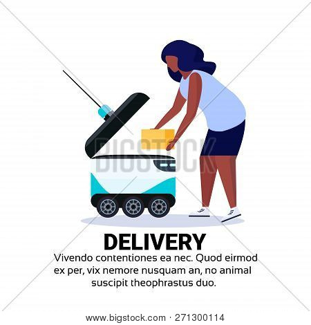 African American Woman Loading Box Robot Self Drive Fast Delivery Goods In City Car Robotic Carry Co