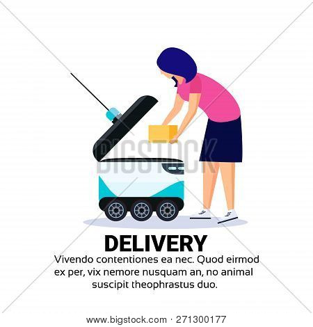 Woman Loading Box Robot Self Drive Fast Delivery Goods In City Car Robotic Carry Concept Isolated Co