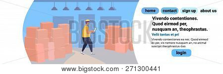 Man Loader Checklist Warehouse Interior Background Box Parcel Delivery Concept Flat Horizontal Banne