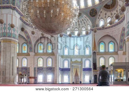 Ankara / Turkey - OCTOBER 20 2018: Kocatepe Mosque interior details. The Mosque is the biggest one in Ankara and a tourist magnet with its architectural details.