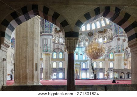 Ankara / Turkey - OCTOBER 20 2018: Kocatepe Mosque interior details. The Mosque is the biggest one in Ankara and a tourist magnet with its architectural details.