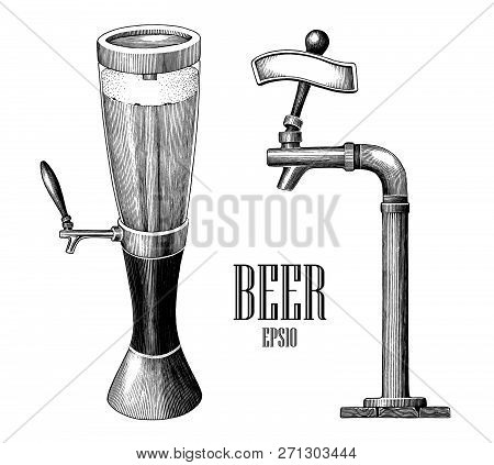 Beer Tower And Beer Dispenser Vintage Hand Draw Engraving Style Isolated On White Background