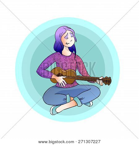 Young Girl Playing Guitar And Singing. Vector Illustration