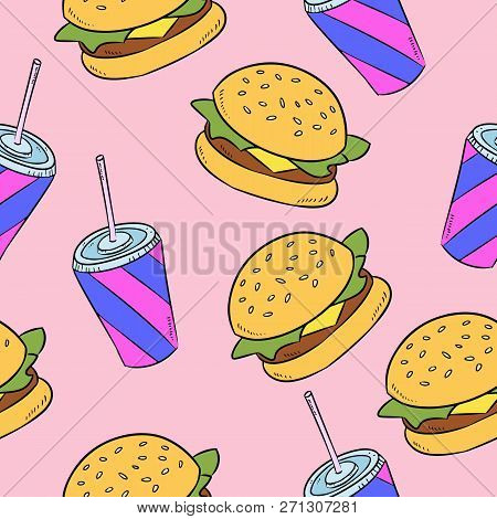Hand-drawn American Fast Food Doodles Seamless Pattern