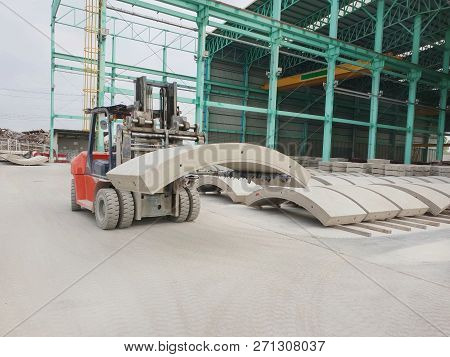 Nonthaburi, Thailand - November 27, 2018 : Precast Concrete Plant With Forklift Truck In The Constru