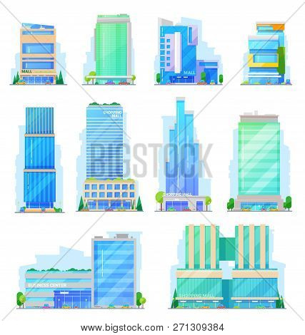 Shopping Mall Glass Multi-storey Buildings, Store And Mart Vector Icons. Facades Of Business Center,