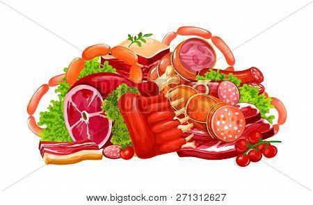 Meat And Sausages, Butchery Farm Products. Vector Pork Bacon, Beef Brisket Or Steak And Mutton Ribs 