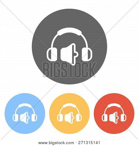Headphones And Volume Level. Medium Volume Level. Simple Icon. Set Of White Icons On Colored Circles