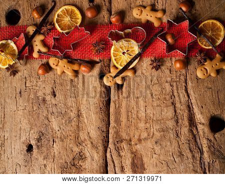 Christmas Wooden Background With Christmas Nuts Sortiment.