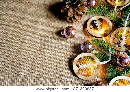 Top View Decorate Ornament For Christmas Background With Girland Light And Small Christmas Ball  Gre