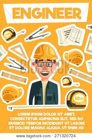 Engineer Or Architector Profession. Building Construction Or Housing Project. Vector Cartoon Enginee