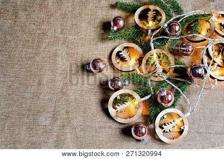 Top View Decorate Ornament For Christmas Background With Girland Light And Small Christmas Ball  Gre