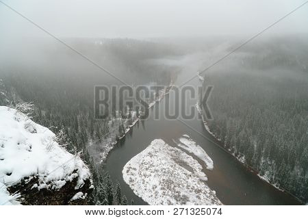 Beautiful Winter Landscape In The Mountains. November. Russia, Ural, Usva River.