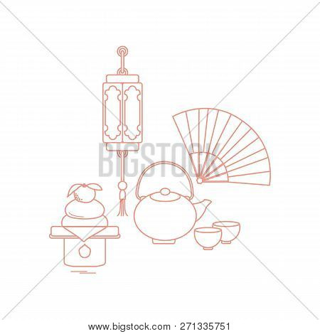 Eastern New Year Symbols. Chinese Lantern, Kettle With Two Cups, Fan, Kagami Mochi. Festive Traditio