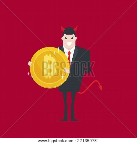 Devil Businessman Holding Bitcoin In Hand. Vector