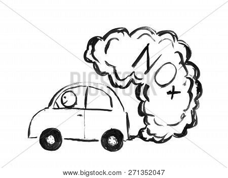 Black Brush And Ink Artistic Rough Hand Drawing Of Smoke Coming From Car Exhaust Into Air. Environme