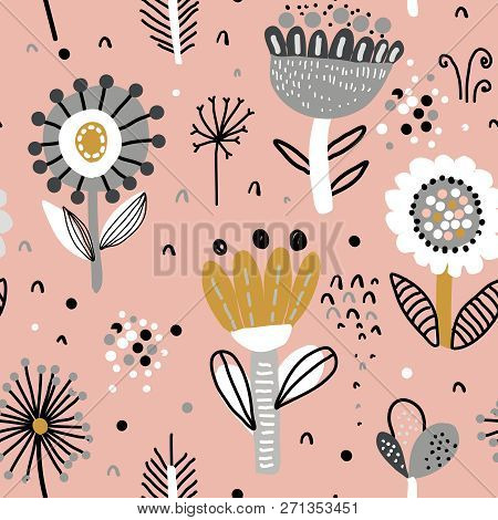 Vector Seamless Pattern With Fancy Flowers. Scandinavian Motives.
