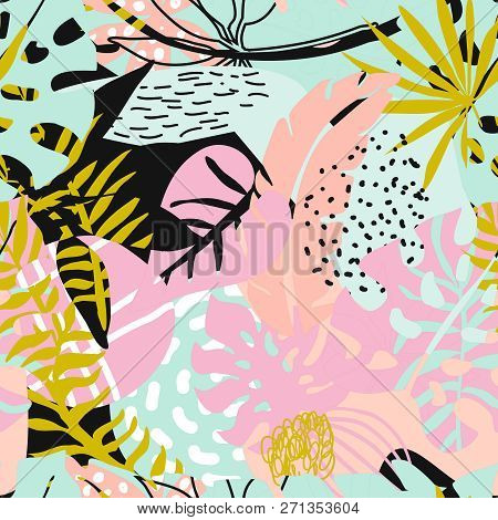 Vector Seamless Pattern With Tropical Plants And Hand Drawn Abstract Textures