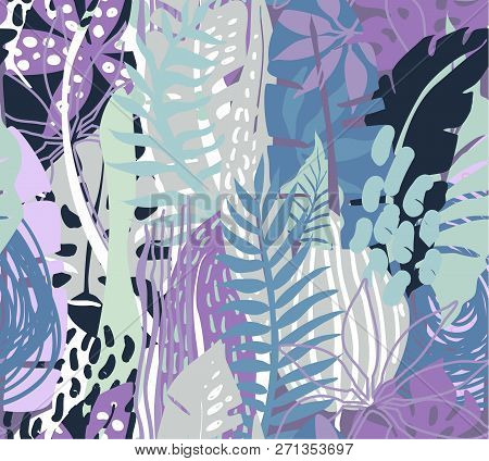 Vector Seamless Pattern With Tropical Plants And Hand Drawn Abstract Textures