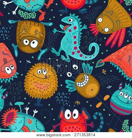 Colorful Vector Seamless Pattern With Funny Monsters