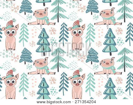 Vector Seamless Pattern With Cute Piglets In Winter Forest. Hand Drawn Endless Background